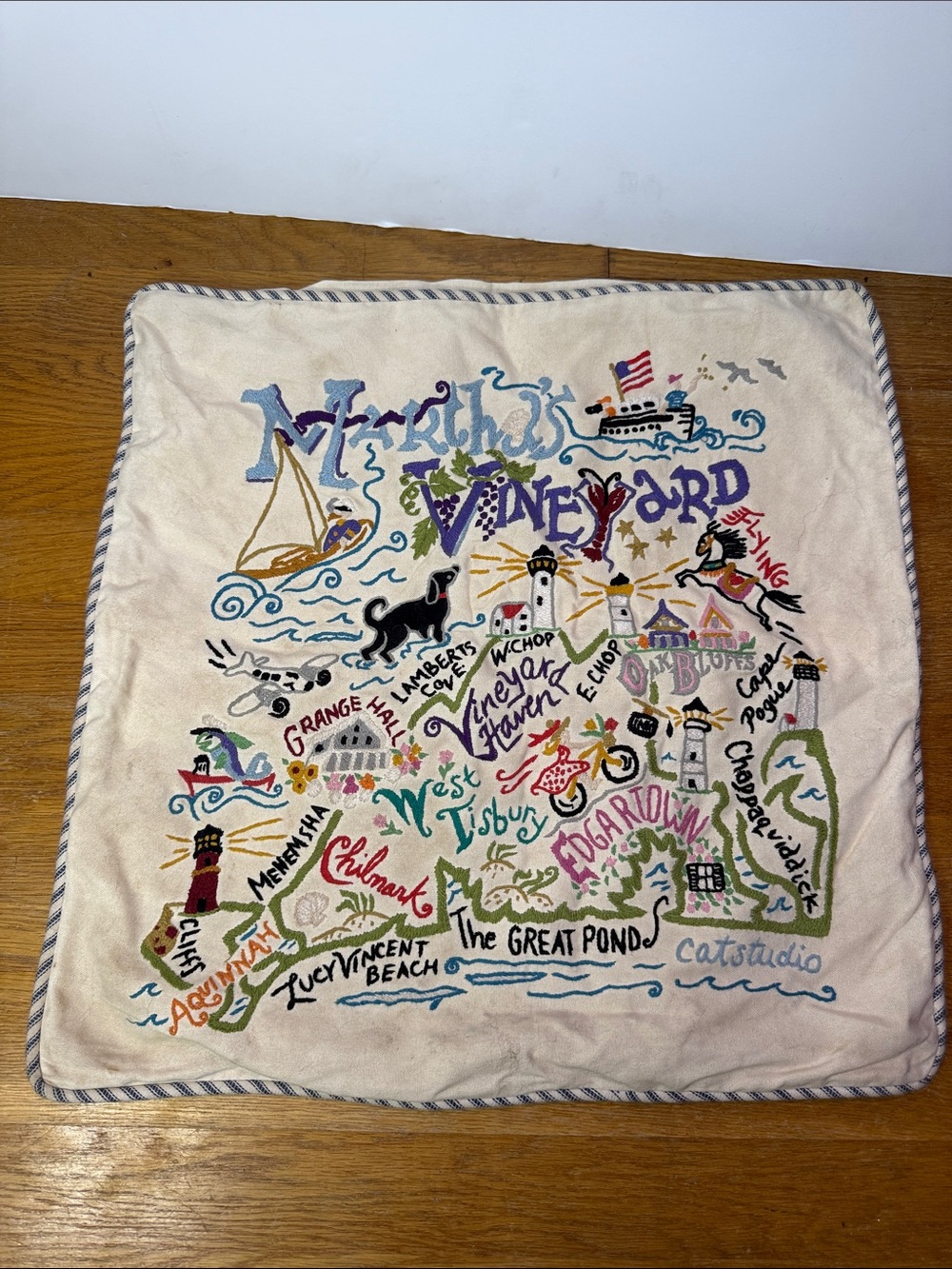 Catstudio Martha’s Vineyard Map hand Embroidered Throw Pillow Cover